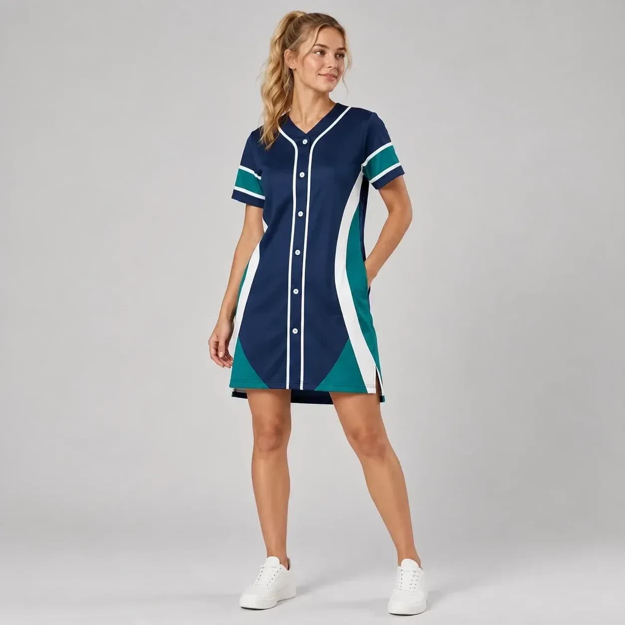Custom navy, teal and white sports jersey dress worn by a female model