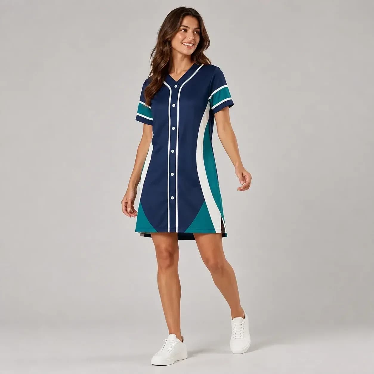 Custom navy, teal and white sports jersey dress worn by a female model alternate view