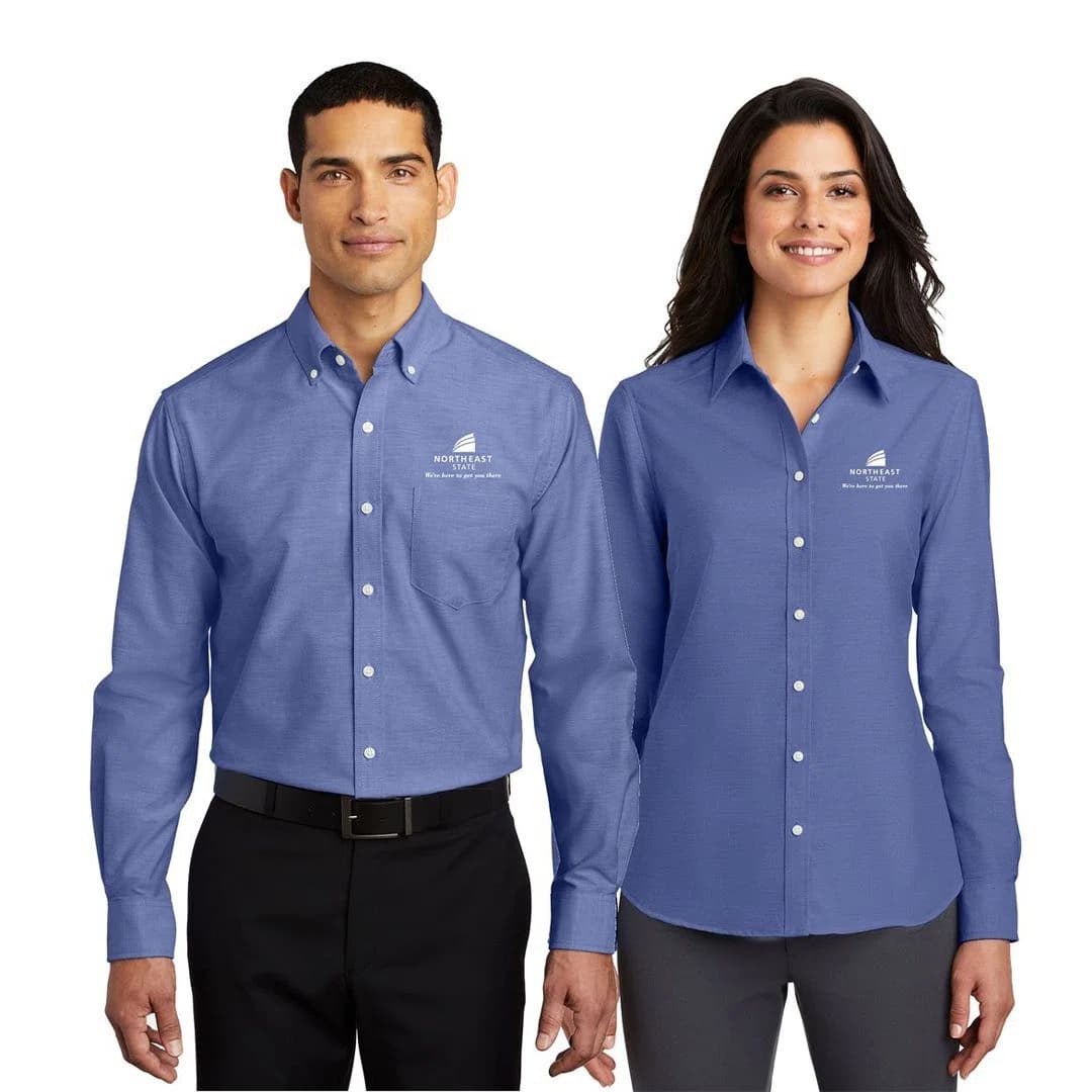 Various sizes of school dress shirts hanging neatly showing perfect tailored fit for diverse student body types.